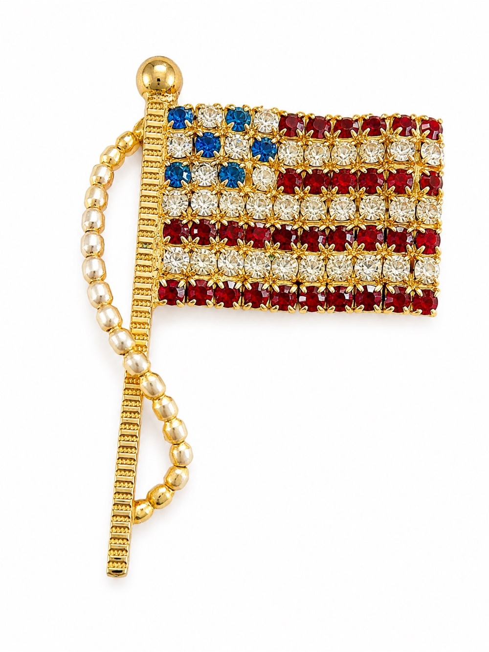 Vintage Rhinestone American Flag Brooch Gold Tone Patriotic USA Pin